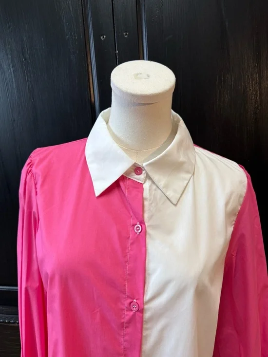 Colorblock Pink & White Button-Up Blouse - Picture 2 of 16
